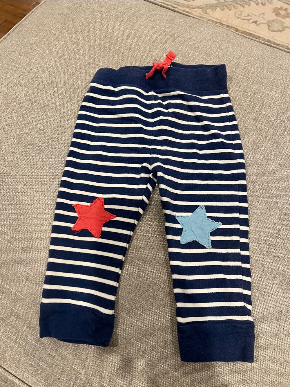 Baby Boden Striped Navy Baby Pants with Red Drawstring & Star Knee Patches